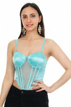 Aqua Satin Mesh Corset Top