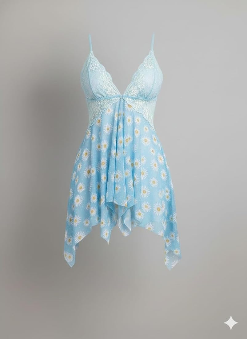 Sky Blue Daisy Print Lace Cami Dress – Women’s Floral Mini Dress